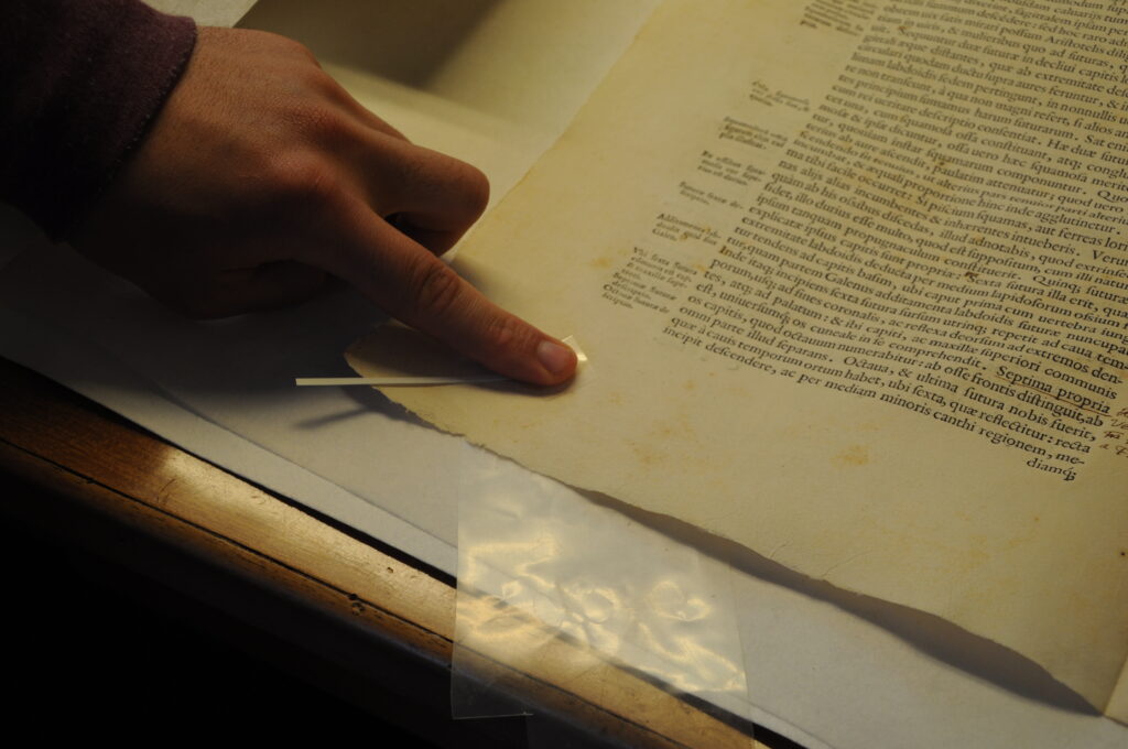 Dettaglio del trattamento conservativo su una pagina del De re anatomica di Realdo Colombo