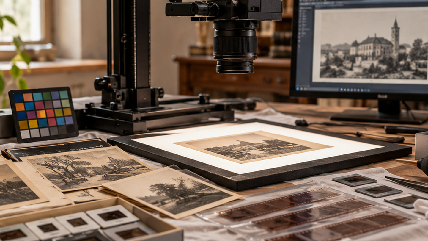 Postazione per la digitalizzazione di fotografie storiche, negativi e diapositive con fotocamera, monitor e riferimento cromatico