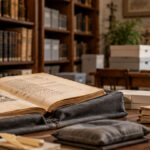 Libro antico su supporto di consultazione in biblioteca con scatole archivistiche e strumenti di controllo ambientale