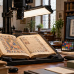 Postazione di digitalizzazione di un manoscritto antico su culla libraria, fotocamera dall'alto, luci e monitor per il controllo dell'immagine