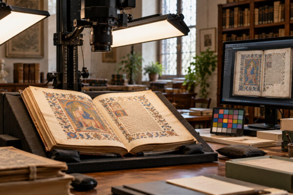 Postazione di digitalizzazione di un manoscritto antico su culla libraria, fotocamera dall'alto, luci e monitor per il controllo dell'immagine