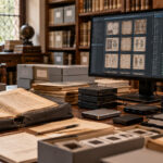 Archivio digitale con riproduzioni di manoscritti, monitor di catalogazione e dispositivi di archiviazione per la conservazione dei file