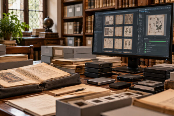 Archivio digitale con riproduzioni di manoscritti, monitor di catalogazione e dispositivi di archiviazione per la conservazione dei file