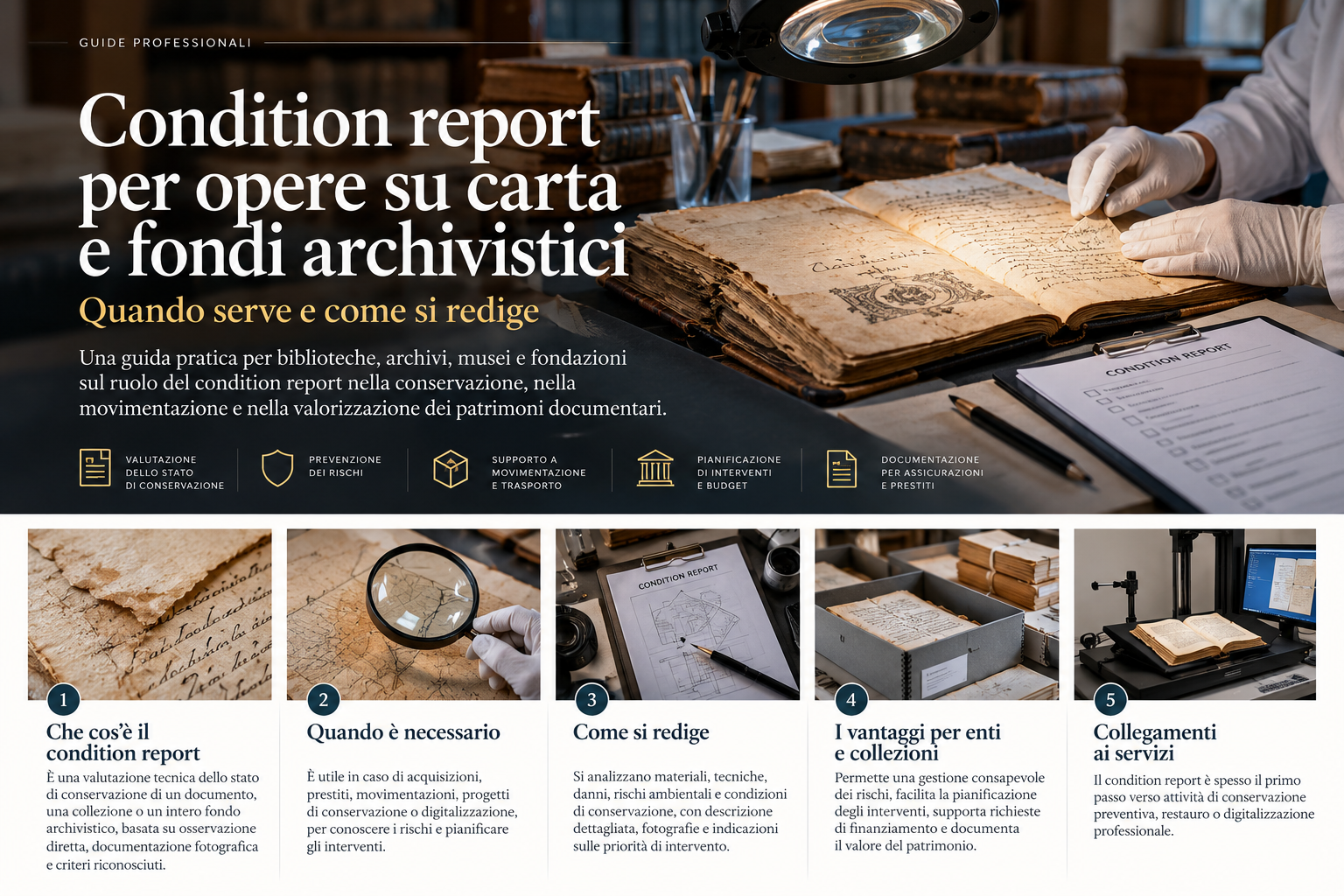 Schema illustrativo del condition report: identificazione, osservazione dei danni, documentazione, gestione dei rischi e pianificazione degli interventi